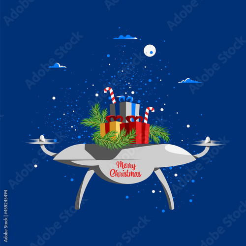 christmas quadcopter. delivery of the parcel by air. Christmas gifts. modern technologies