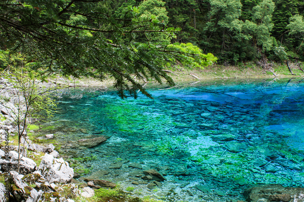 Naklejka premium Ultramarine water in the travertine pools of the reserve