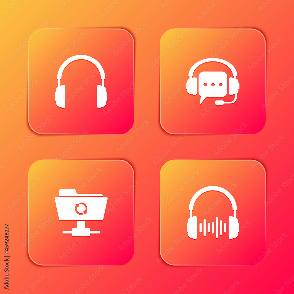 Set Headphones, with speech bubble, FTP sync refresh and and sound waves icon. Vector