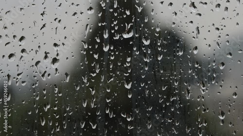 Pioggia Che cade sul Vetro di una finestra con sfondo un albero sfocato