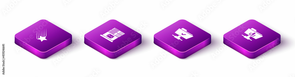 Set Isometric Falling star, Mail server, FTP operation successful and folder download icon. Vector Set Isometric Falling star, Mail server, FTP operation successful and folder download icon. Vector