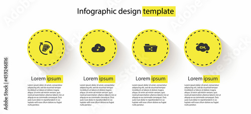Set Refund money, Music streaming service, Share folder and Methane emissions reduction. Business infographic template. Vector