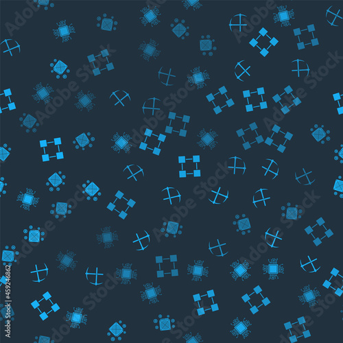 Set Processor, Crossed pickaxe, Blockchain technology and ASIC Miner on seamless pattern. Vector