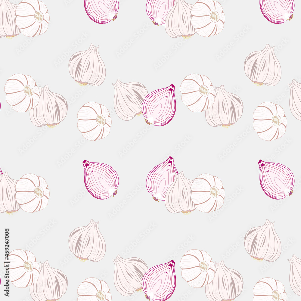 Seamless pattern of whole garlic with half onion or cut onion on cultured color background. food ingredient sketch pattern. Seamless pattern of whole garlic with half onion or cut onion on cultured color background. food ingredient sketch pattern.