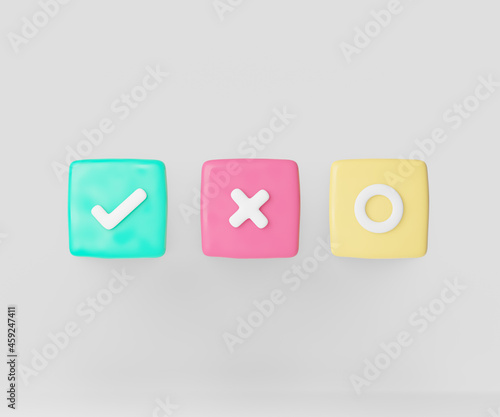 3d cartoon icon pastel color frame with check mark, cross, circle sign. 3D illustration rendering