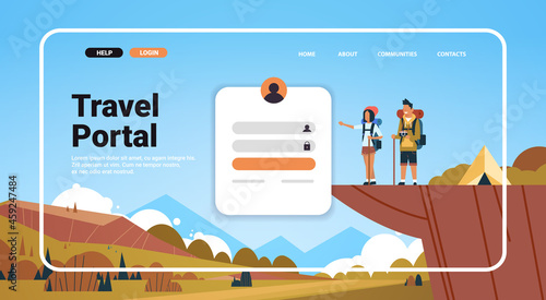 man woman couple hiking in mountains website landing page template travel portal trip adventure concept