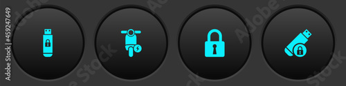 Set USB flash drive with lock, Electric scooter, Lock and icon. Vector