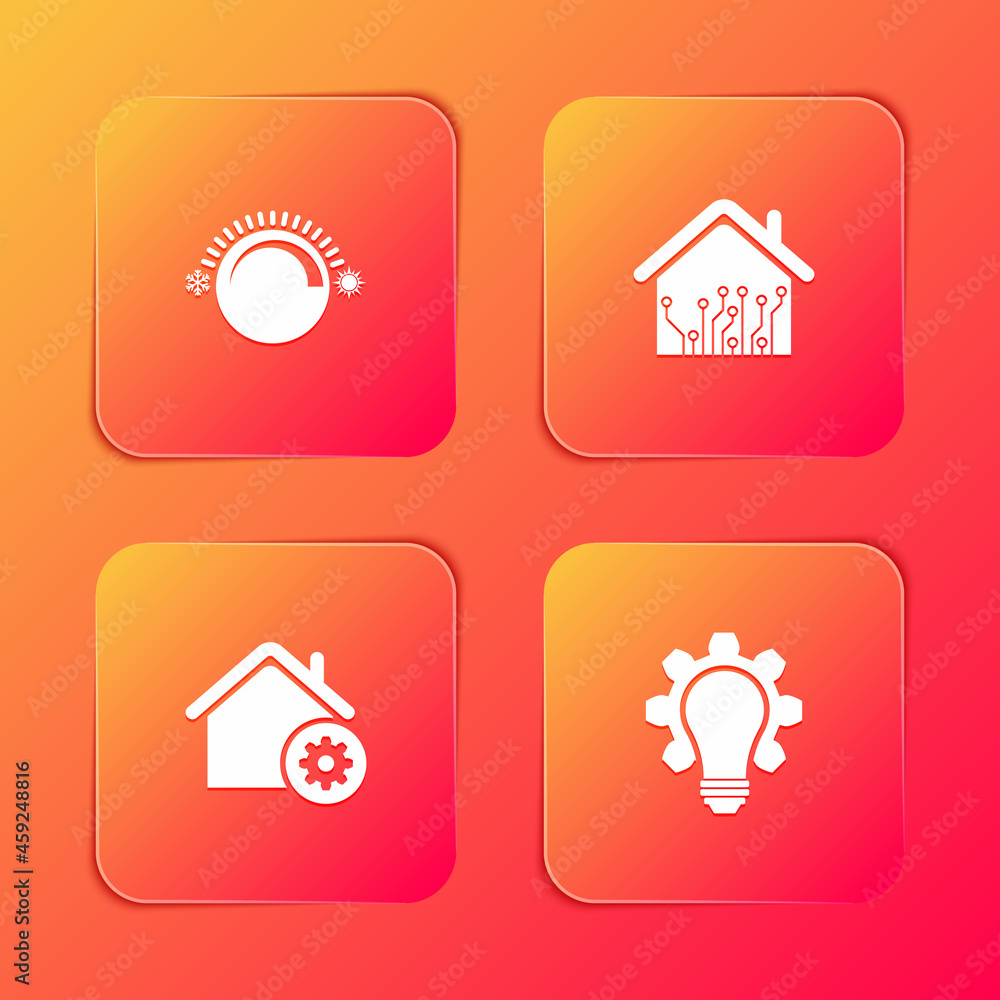 Set Thermostat, Smart home, settings and Light bulb and gear icon. Vector Set Thermostat, Smart home, settings and Light bulb and gear icon. Vector