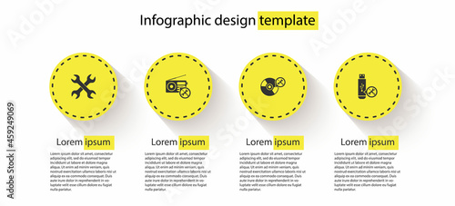 Set Crossed wrenchs, Radio service, CD or DVD disk and USB flash drive. Business infographic template. Vector