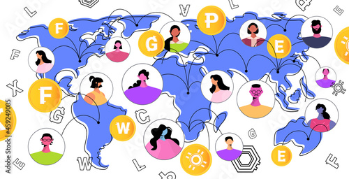 mix race people sending and receiving digital coins on world map mining virtual money cryptocurrency exchange