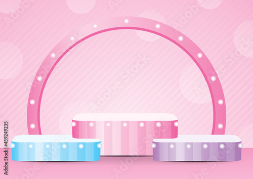 cute girly pastel display box 3d illustration vector with geometry graphic on sweet pink wall and floor background for putting your object