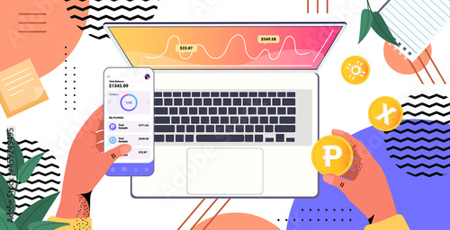 human hands using cryptocurrency mining application on digital gadgets virtual money transfer app