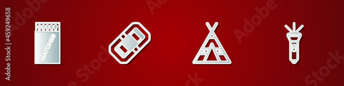 Set Open matchbox and matches, Rafting boat, Tourist tent and Flashlight icon. Vector