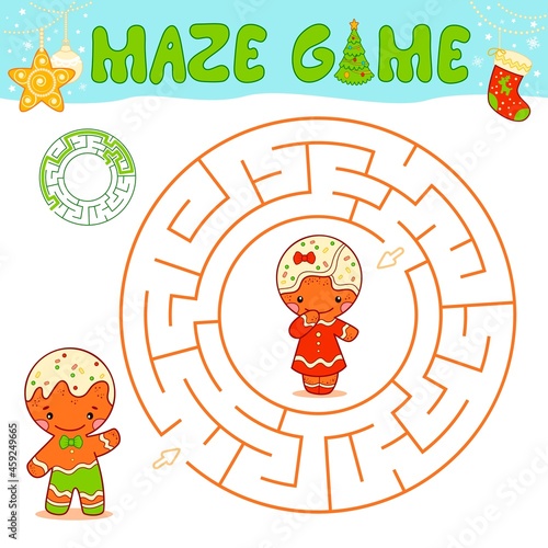 Christmas maze puzzle game for children. Circle maze or labyrinth game with Christmas Gingerbread man.
