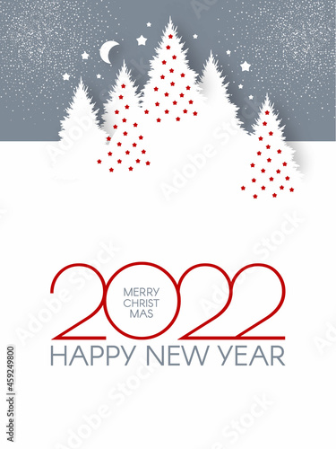 Happy New 2022 Year flyer design template. Elegant white card with Christmas trees. Coniferous forest