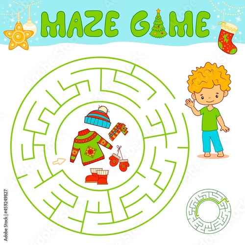 Christmas maze puzzle game for children. Circle maze or labyrinth game with Christmas boy.