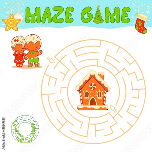 Christmas maze puzzle game for children. Circle maze or labyrinth game with Christmas Gingerbread man and Gingerbread house.
