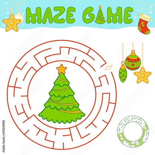 Christmas maze puzzle game for children. Circle maze or labyrinth game with Christmas tree and decorations.