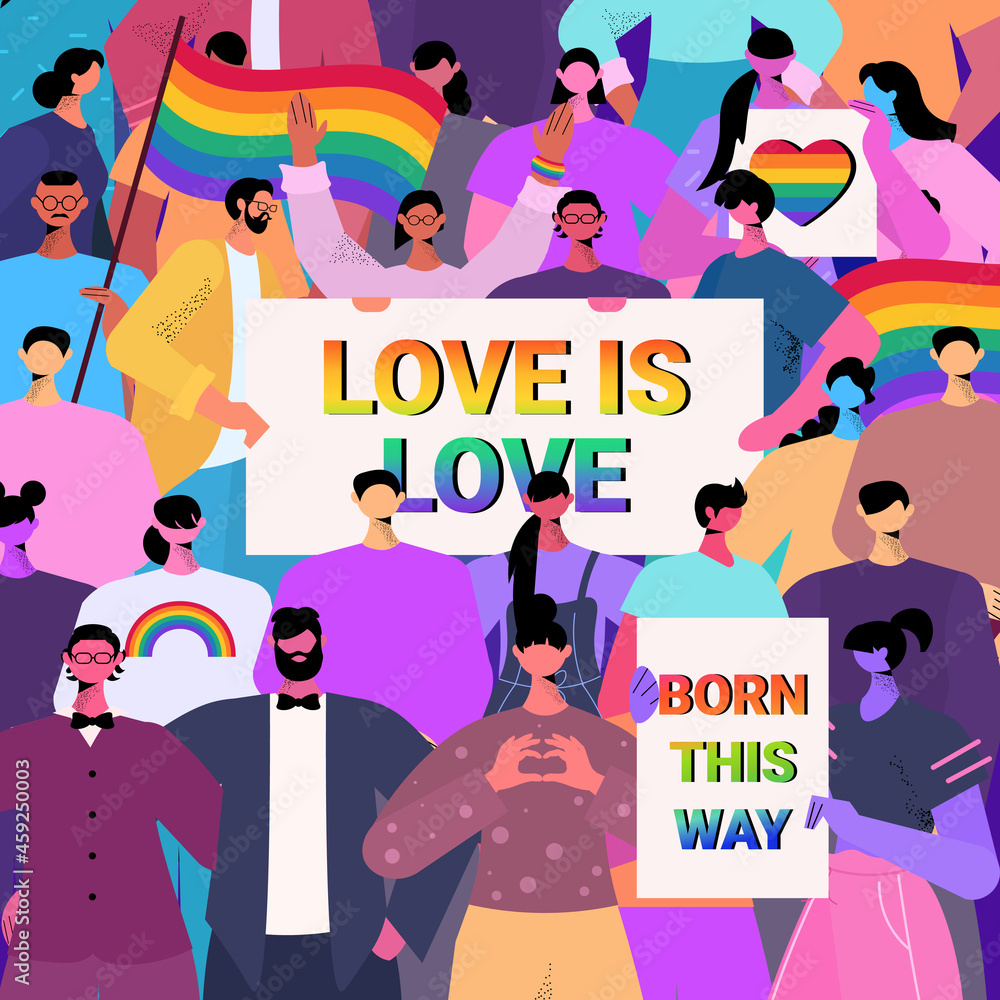 Obraz premium mix race people holding lgbt rainbow flags and placards gay lesbian love parade pride festival transgender love concept