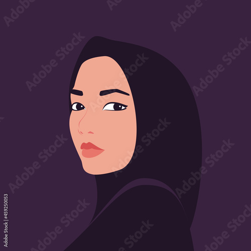 Half turn portrait of a asian woman in hijab. Vector flat illustration