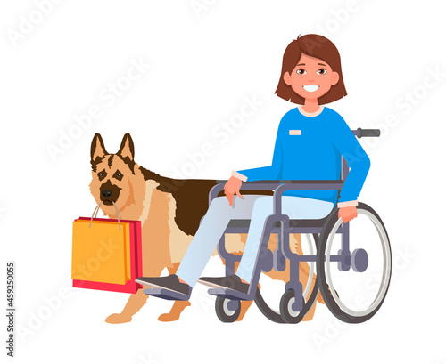 A young disabled girl in a wheelchair and a assistance dog. Dog helper. Vector illustration isolated on white