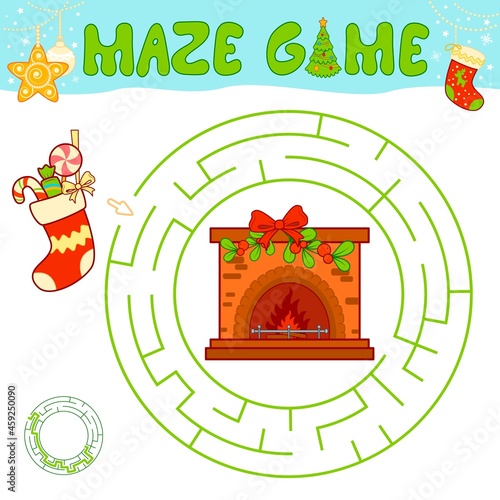 Christmas maze puzzle game for children. Circle maze or labyrinth game with Christmas Sock and fireplace.