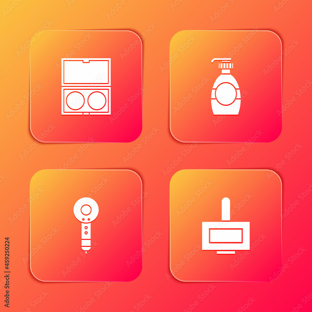 Set Makeup powder with mirror, Bottle of liquid soap, Hair dryer and Nail polish bottle icon. Vector Set Makeup powder with mirror, Bottle of liquid soap, Hair dryer and Nail polish bottle icon. Vector