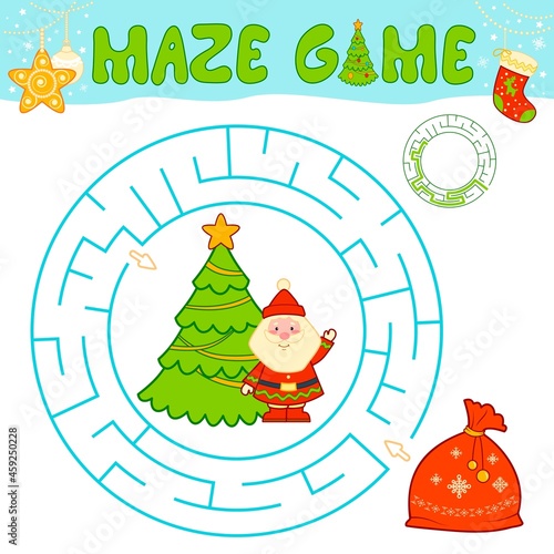 Christmas maze puzzle game for children. Circle maze or labyrinth game with Christmas bag.