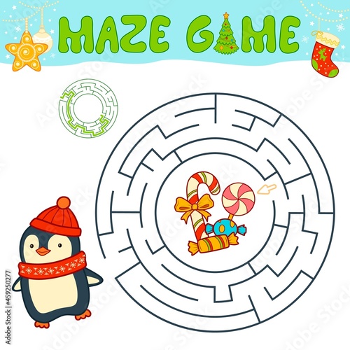 Christmas maze puzzle game for children. Circle maze or labyrinth game with Christmas penguin.