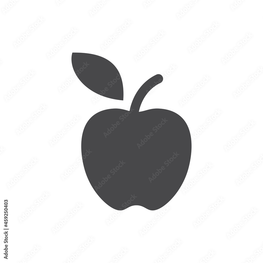 Fototapeta premium Apple with leaf black vector icon. Simple glyph vegetarian symbol.