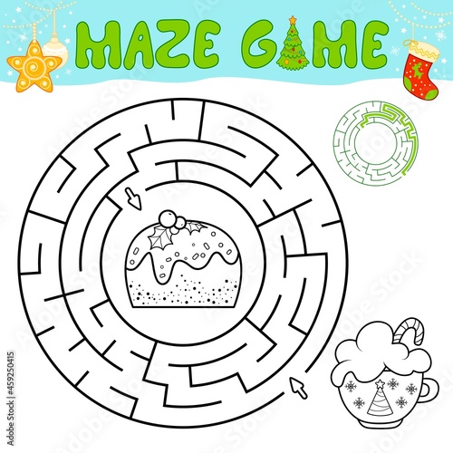 Christmas black and white maze puzzle game for children. Outline circle maze or labyrinth game with Christmas cake.