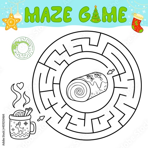 Christmas black and white maze puzzle game for children. Outline circle maze or labyrinth game with Christmas cake.