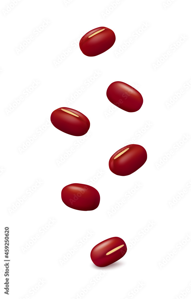 Falling down red adzuki beans isolated on white background. Side view. Realistic vector illustration. Falling down red adzuki beans isolated on white background. Side view. Realistic vector illustration.