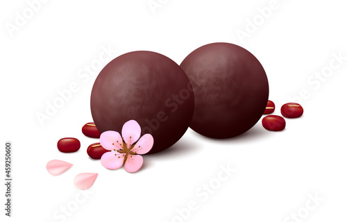 Two balls of red bean Japanese paste Anko (Koshian) with several adzuki seeds and cherry flower isolated on white background. Realistic vector illustration.