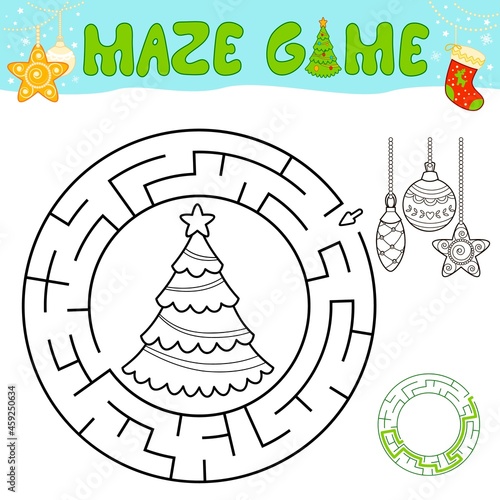 Christmas black and white maze puzzle game for children. Outline circle maze or labyrinth game with Christmas tree and decorations.