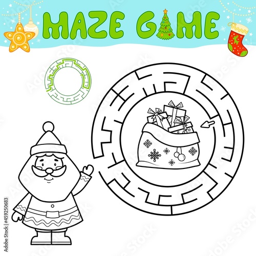 Christmas black and white maze puzzle game for children. Outline circle maze or labyrinth game with Santa claus.