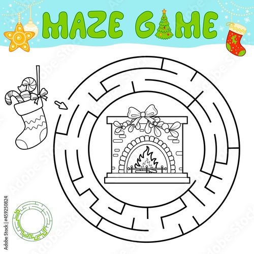 Christmas black and white maze puzzle game for children. Outline circle maze or labyrinth game with Christmas Sock and fireplace.