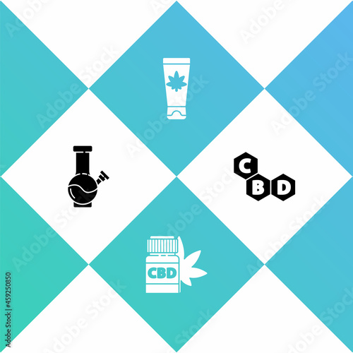 Set Glass bong for smoking marijuana, Medical bottle with, cream and Cannabis molecule icon. Vector