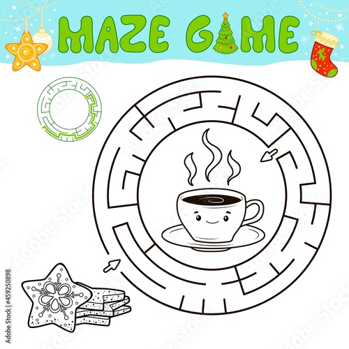 Christmas black and white maze puzzle game for children. Outline circle maze or labyrinth game with Christmas cookie.