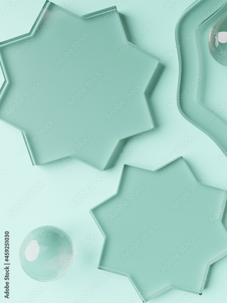 3D Rendering Geometric or Abstract Shape Acrylic Glass Plates Product Display Background for Summer Healthcare and Skincare Products. 3D Rendering Geometric or Abstract Shape Acrylic Glass Plates Product Display Background for Summer Healthcare and Skincare Products.