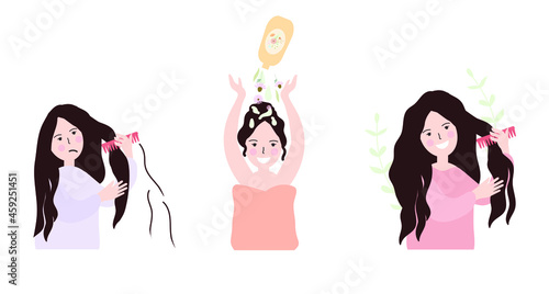 Woman taking care of her hair. Natural cosmetics, herbal shampoo.