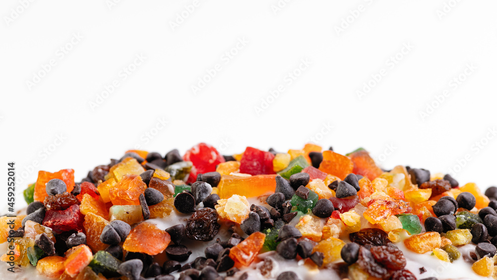italian christmas cupcake with candied fruit, close-up, frontal view, empty space for text italian christmas cupcake with candied fruit, close-up, frontal view, empty space for text
