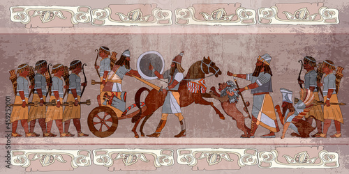 Ancient Sumerian culture. Battle scene. Mesopotamia. Middle East history civilization. Battle scene. King on chariot. Historical warriors. Akkadian Empire art