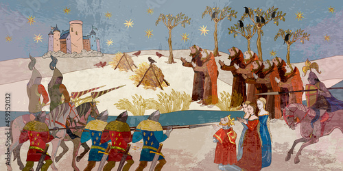 Medieval scene. Middle Ages, parchment concept. Historical art. Ancient book illustration. Monks pray for a miracle