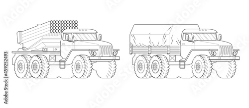 Black and white vector illustration of military trucks. Coloring book page