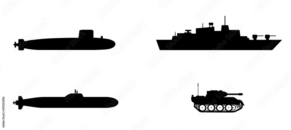 Sous marin, destroyer et tank en 4 icônes