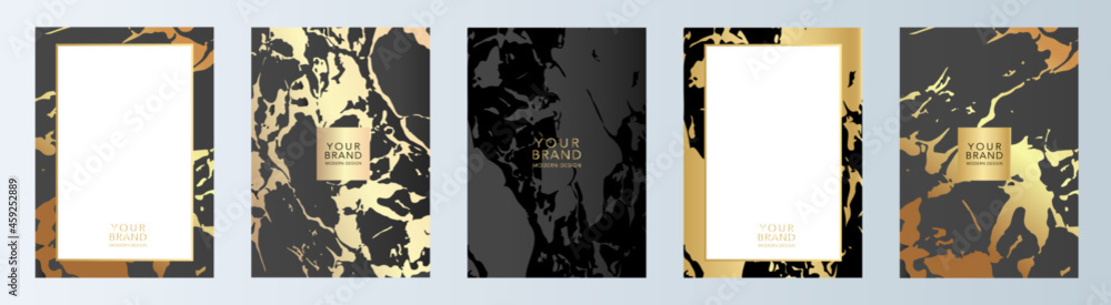 Modern luxury cover design set. Elegant fashionable background with abstract marble, fluid, grunge pattern in gold, black color. Premium vector template for elite menu, flyer, vip card, web design.