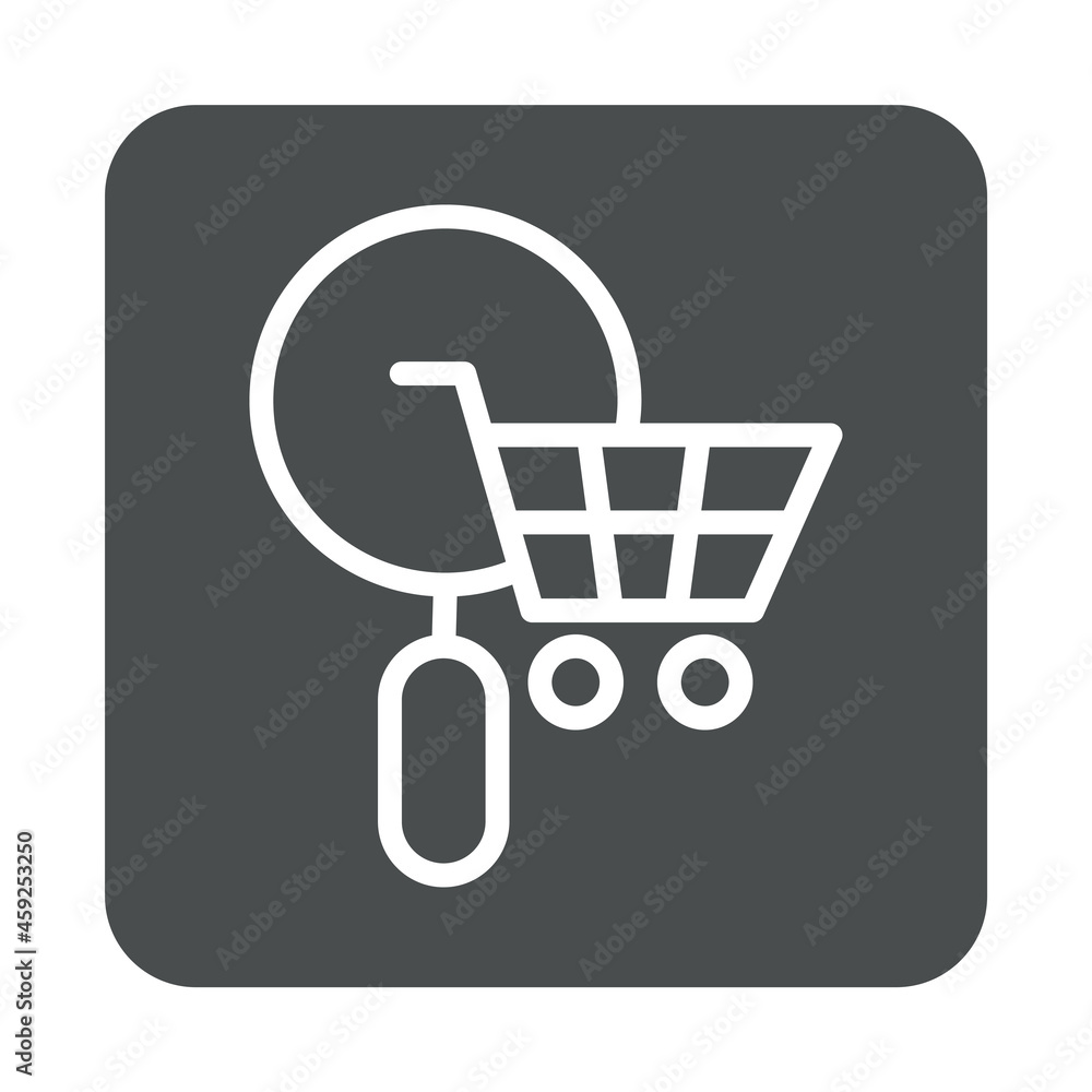 Logotipo con silueta de carrito de la compra con lupa con lineas en cuadrado color gris Logotipo con silueta de carrito de la compra con lupa con lineas en cuadrado color gris