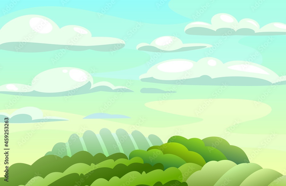 Green Rural vegetables and grassy hills. Farm cute landscape. Funny cartoon design illustration. Summer pretty sky. Flat style. Vector.
