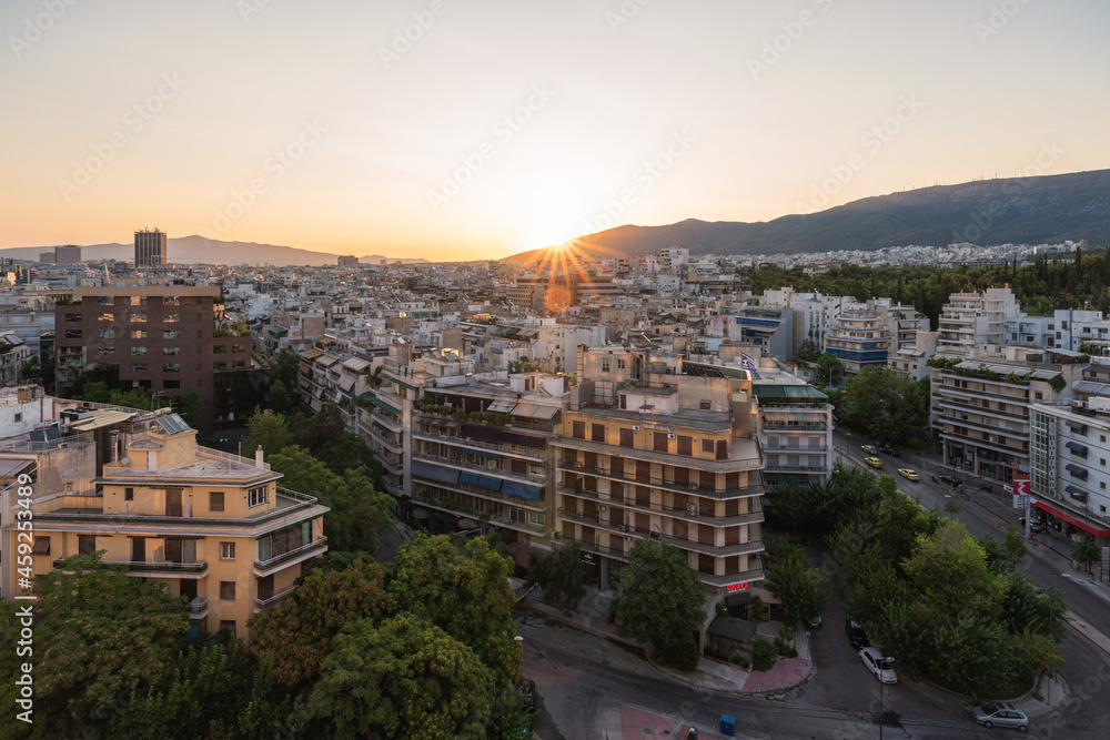 Athens city skyline at dusk, Greece